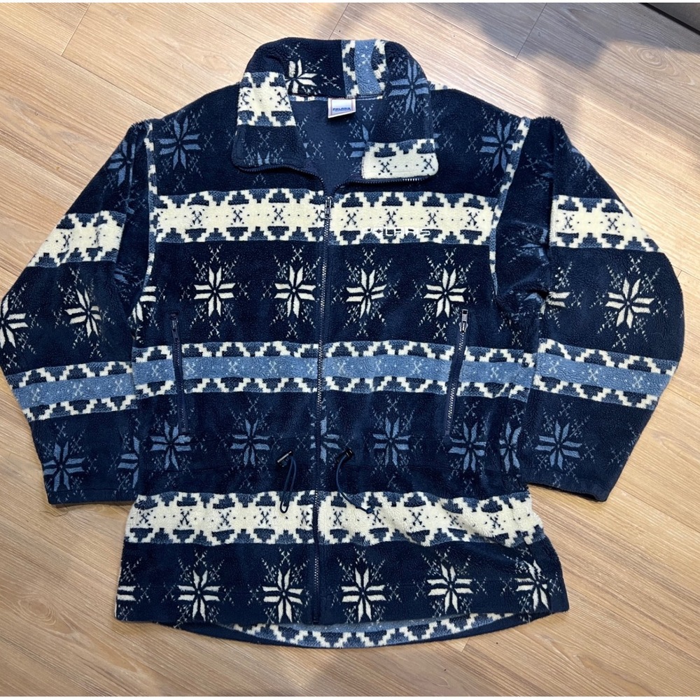 Polaris Vintage Fleece Jacket Snowflake Fair Isle Full Zip Blue Large USA Made